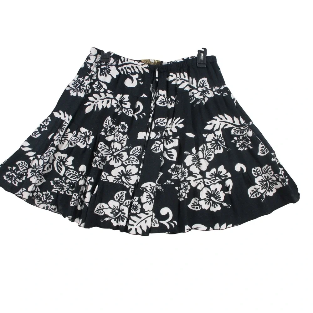 Gina‎ Gear Hawaii Skirt Womens XL Black White Hibiscus Floral Rayon Tiered Mini
